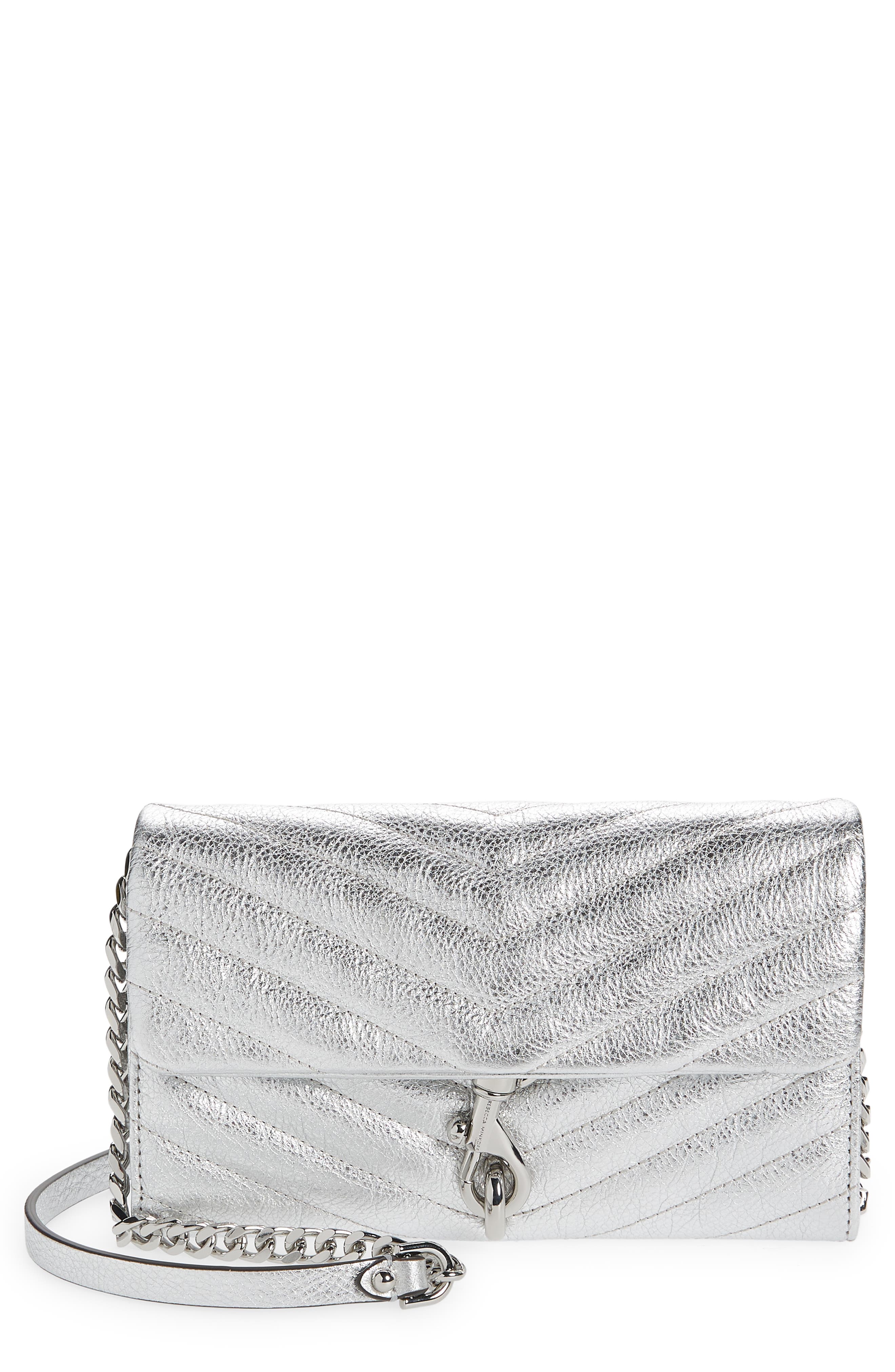 Edie Quilted Leather Wallet on a Chain, Main, color, SILVER