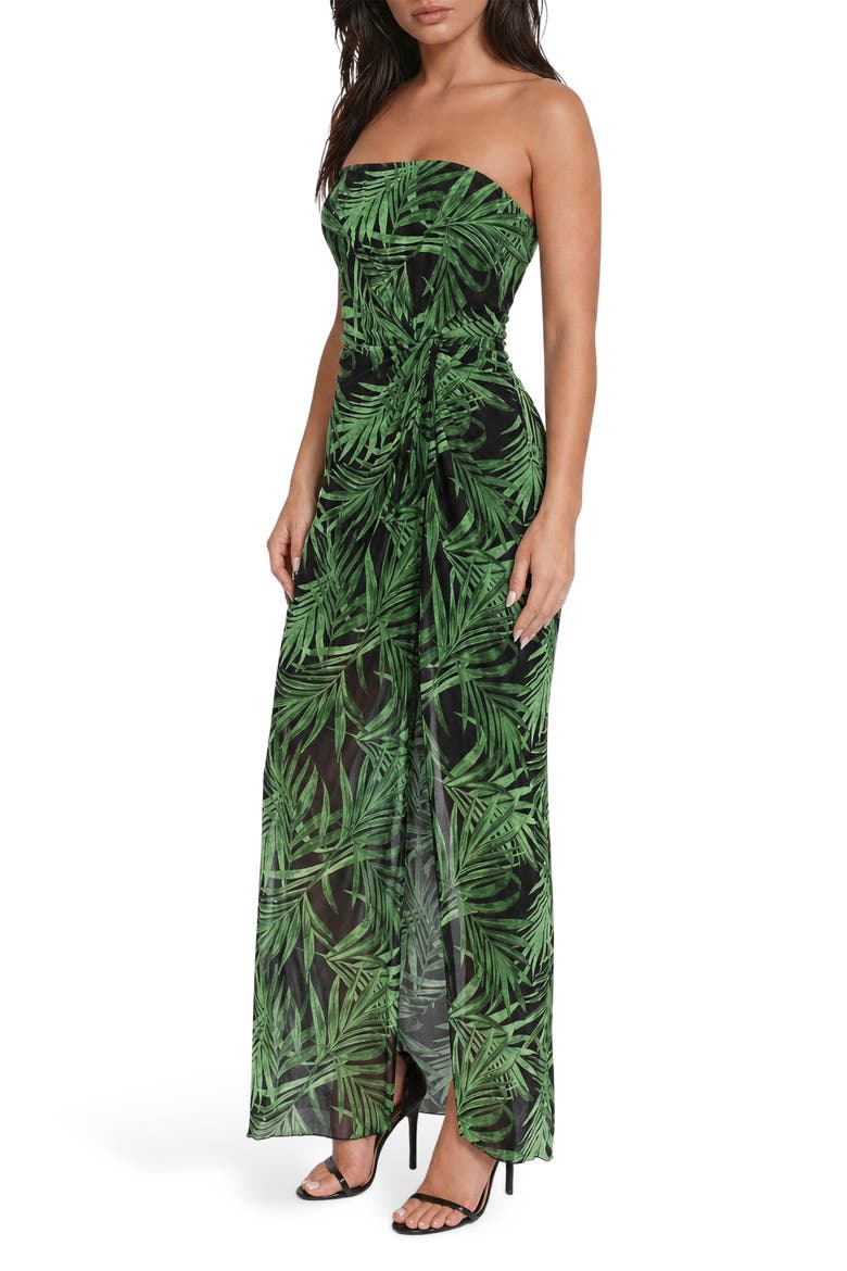 Palm Print Strapless Mesh Maxi Dress, Alternate, color, BLACK GREEN