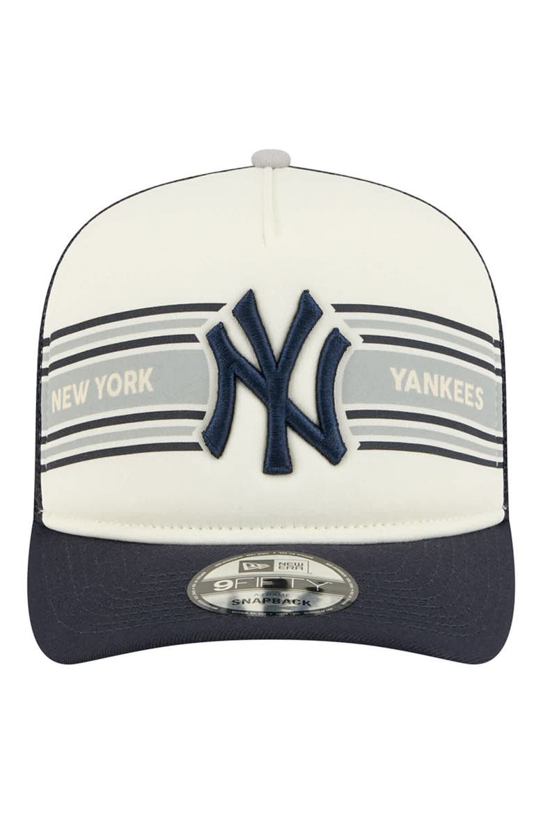 Men's New Era Cream/Navy New York Yankees Banner A-Frame 9FIFTY Trucker Snapback Hat, Alternate, color, Cream