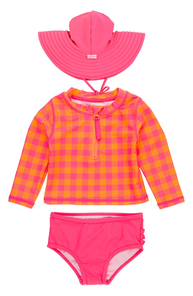 RuffleButts Sunset Sorbet Gingham Long Sleeve Two-Piece Swimsuit, Main, color, Sunset Sorbet