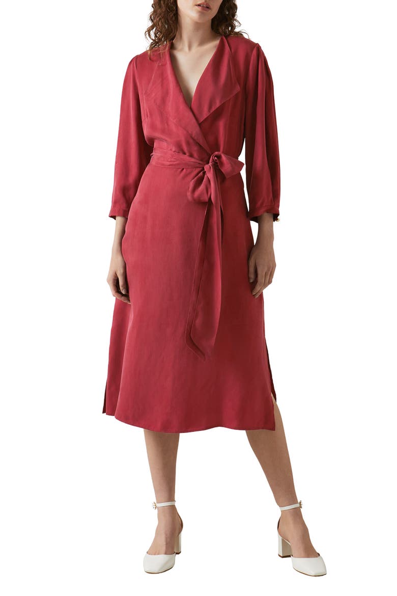 Iris Long Sleeve Wrap Dress, Main, color, RED-BURGUNDY