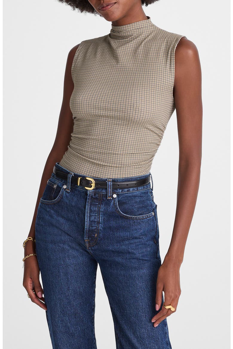 Houndstooth Ruched Mock Neck Sleeveless Top, Main, color, MICRO HOUNDSTOOTH COFFEE
