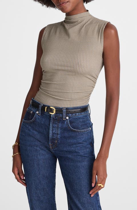 Houndstooth Ruched Mock Neck Sleeveless Top