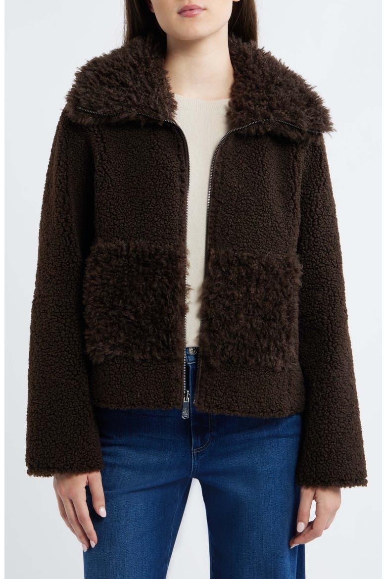 Zip Front Faux Shearling Jacket, Alternate, color, DARK BROWN