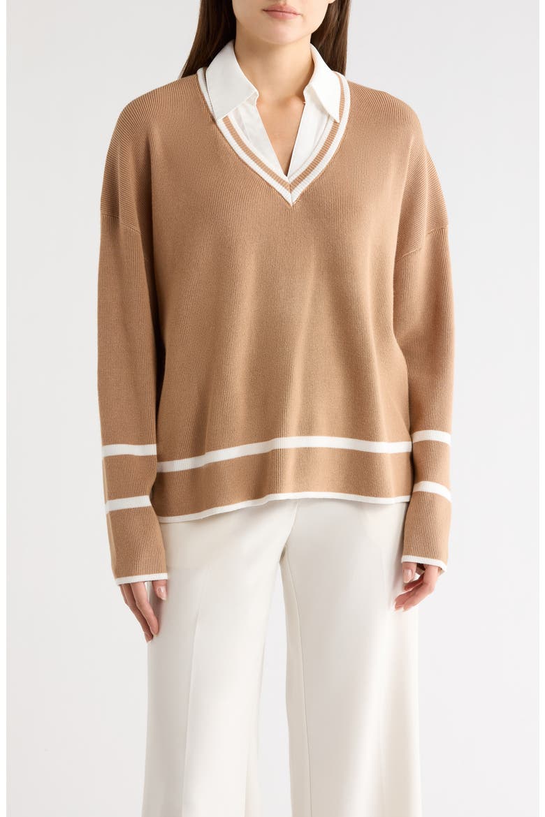 V-Neck Twofer Sweater Top, Main, color, GOLDEN CAMEL/ IVORY