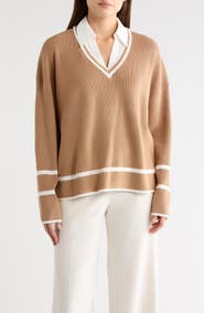 Adrianna Papell V-Neck Twofer Sweater Top