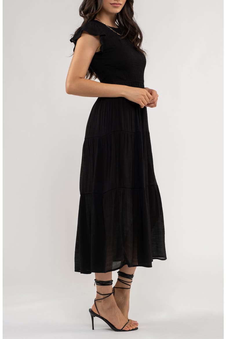 Flutter Sleeve Smocked Tiered Midi Dress, Alternate, color, BLACK