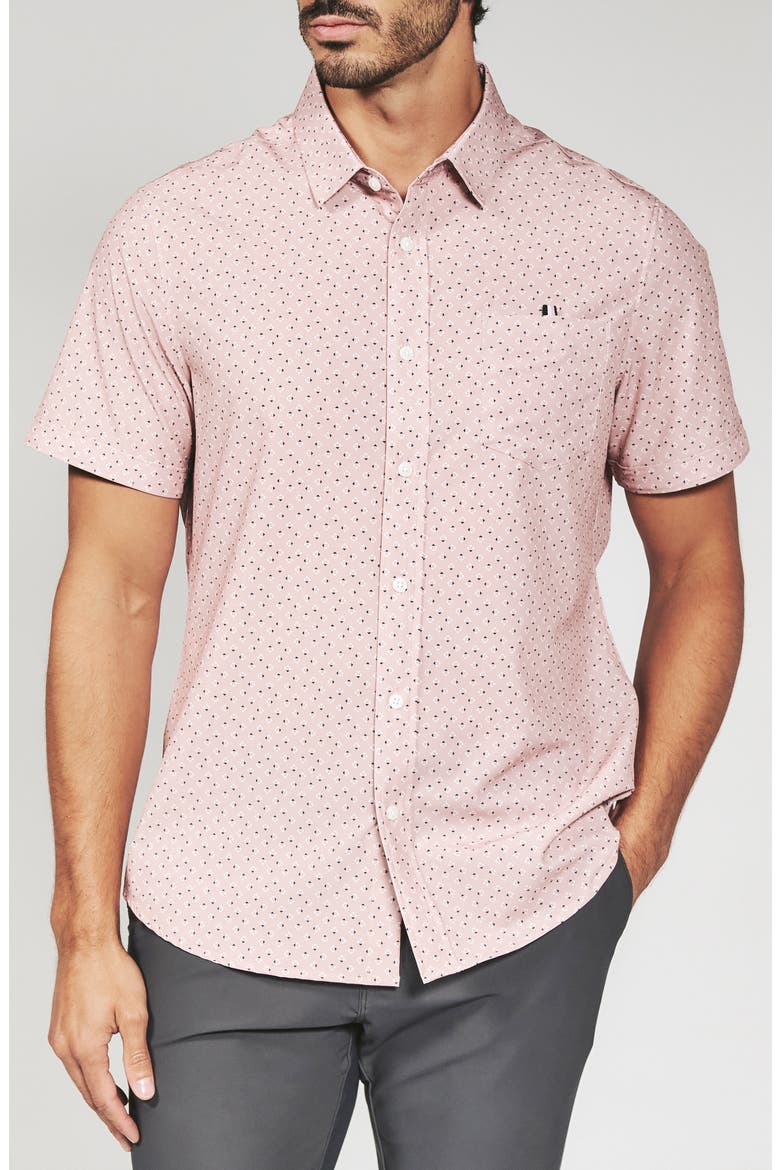 Seager Geo Print Short Sleeve Performance Button-Up Shirt, Main, color, ROSE
