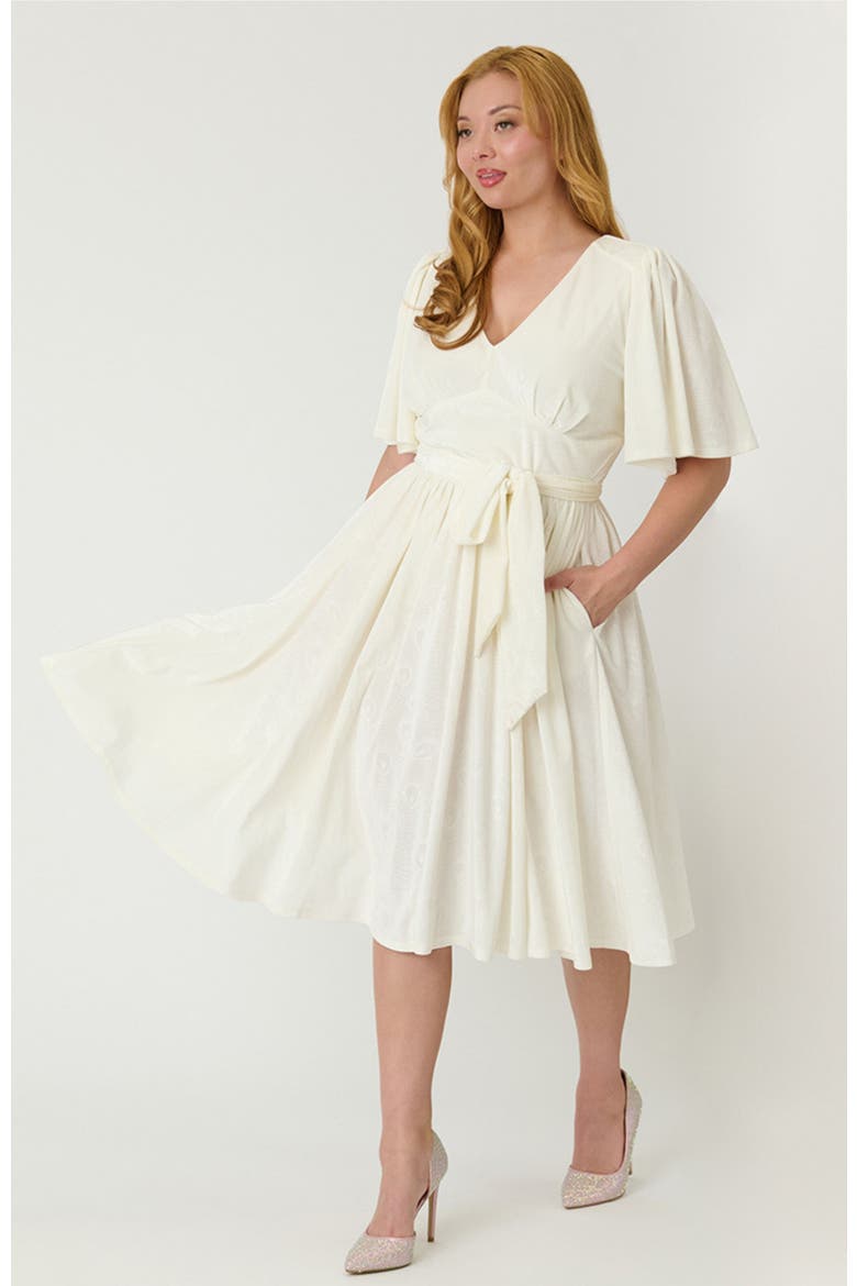 1940s Velvet Flutter Sleeve Swing Dress, Alternate, color, Ivory Peacock Print