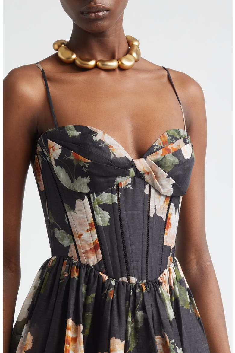 zimmermann natura linen-silk corset midi-dress Zimmermann Natura Corset Midi Dress in Kaleidoscope Garden