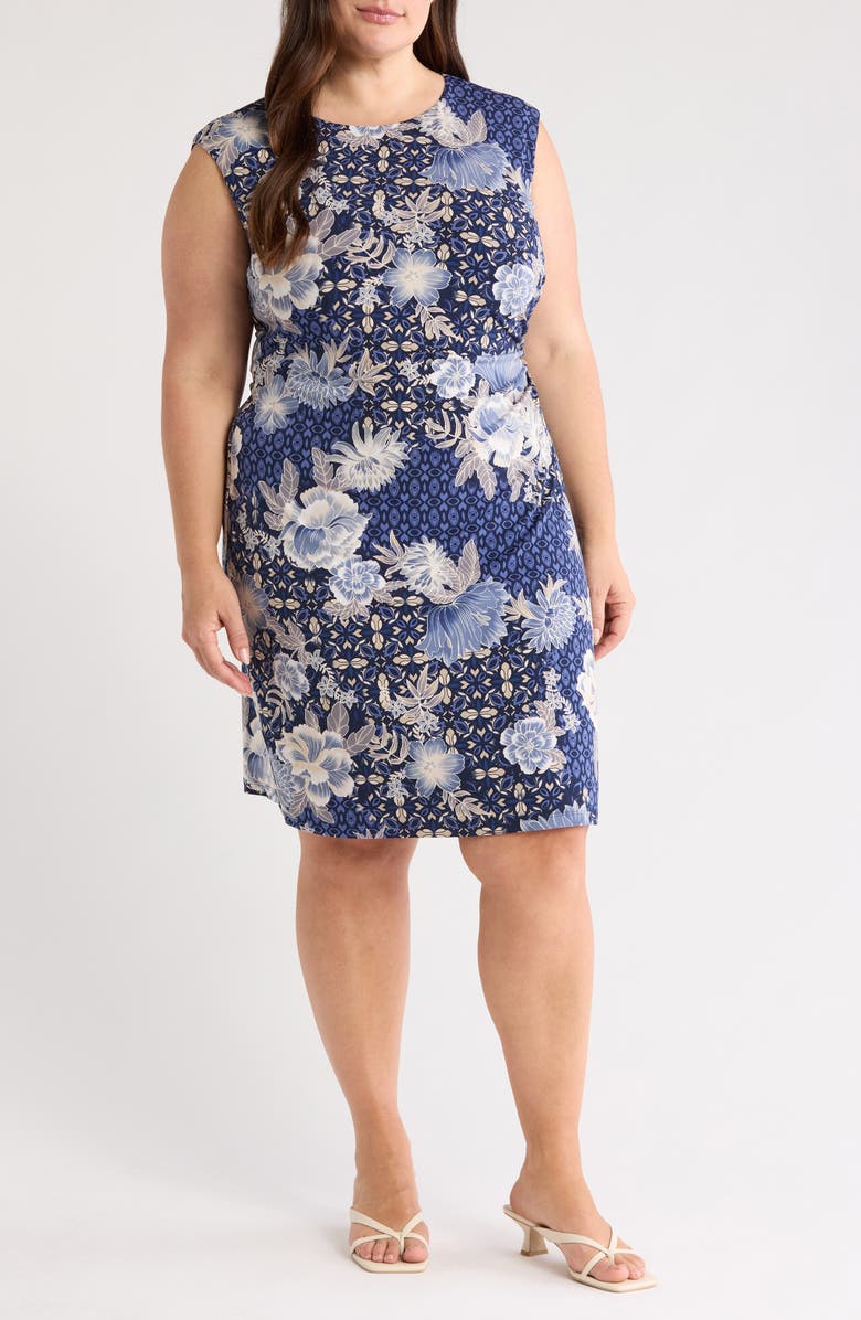 Connected Apparel Floral Sleeveless Side Panel Dress, Main, color, Slate