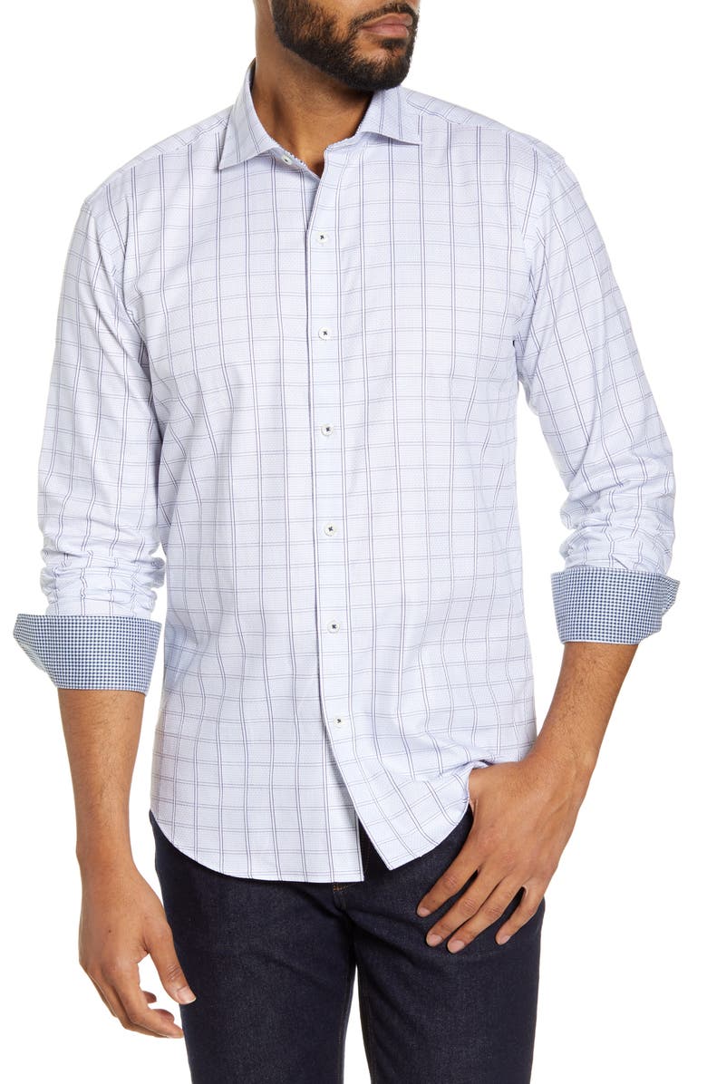 Bugatchi Shaped Fit Windowpane Button-Up Shirt, Main, color, 
