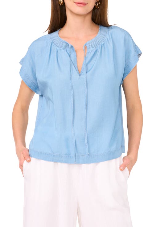 Shirred Tie Neck Chambray Top