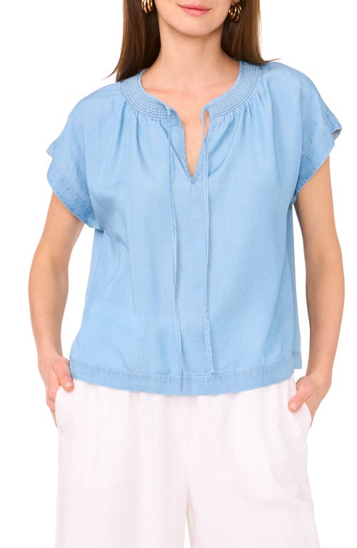 VINCE CAMUTO VINCE CAMUTO SHIRRED TIE NECK CHAMBRAY TOP