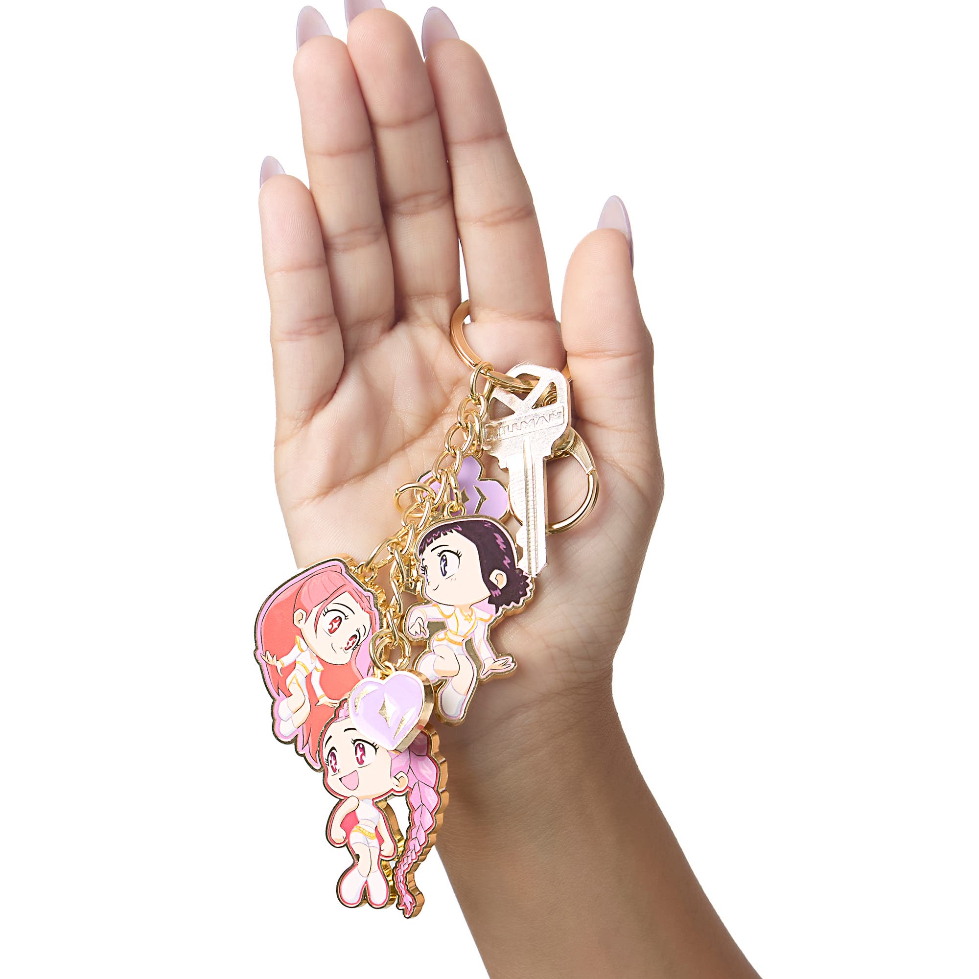 Bag Charm Keychain With Chibi Mira, Zoey, and Rumi Charm, Alternate, color, Gold-Tone