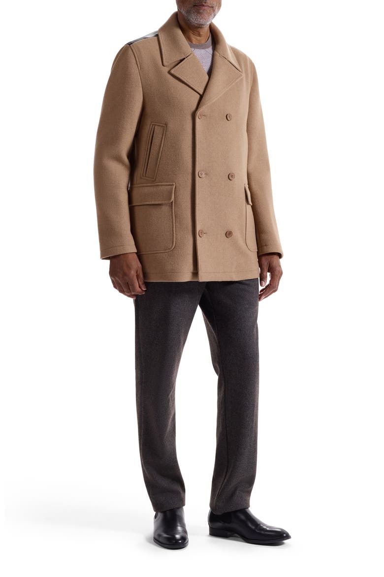 Leather Trim Wool Blend Tweed Peacoat, Alternate, color, CAMEL
