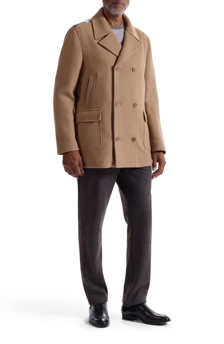 Bugatchi Leather Trim Wool Blend Tweed Peacoat, Alternate, color, Camel