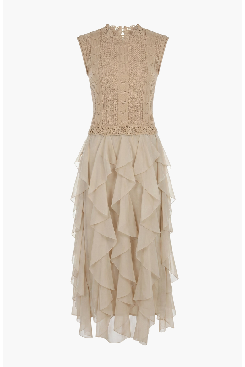 Sleeveless Knit Dress with Crochet Detail and Layered Chiffon Ruffle Skirt, Alternate, color, Tan