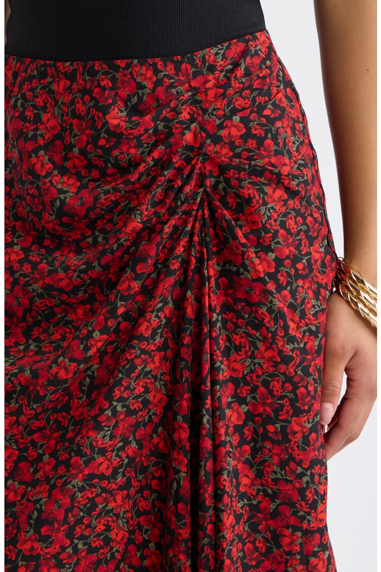Ruched Side Midi Skirt, Alternate, color, BLACK RED DARA DITSY