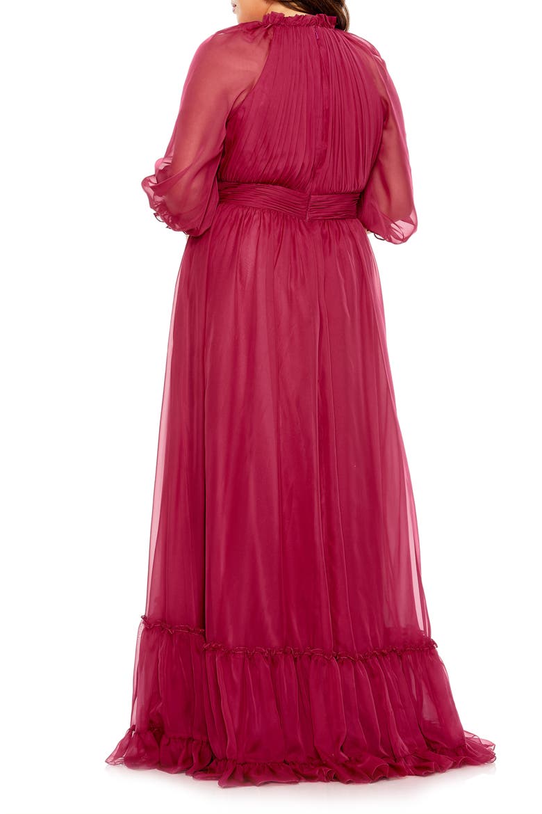High-Neck Chiffon Dress with Puff Sleeves and Ruffle Tiered Skirt, Alternate, color, CRIMSON