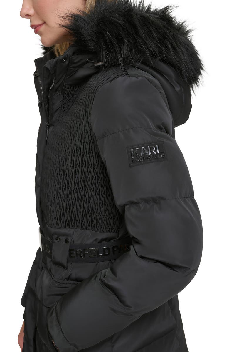 KARL LAGERFELD Smocked Belted Ski Puffer Jacket with Faux Fur Hood, Alternate, color, Black