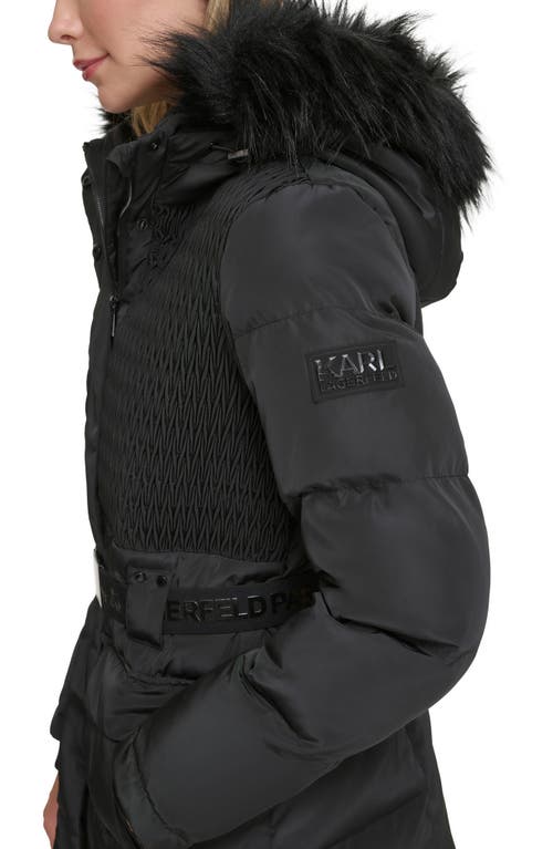 Karl Lagerfeld Smocked Belted Ski Puffer Jacket With Faux Fur Hood In Black