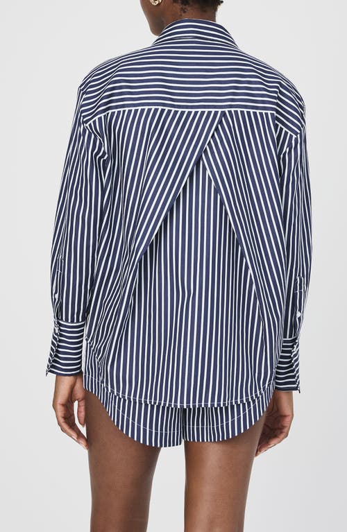 Shop French Connection Alexis Stripe Oversize Crossover Cotton Button-up Shirt In Marine Summer White