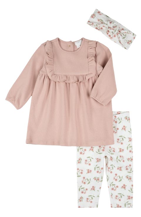 Head Wrap, Ruffle Trim Long Sleeve Rib Dress & Leggings Set (Baby)