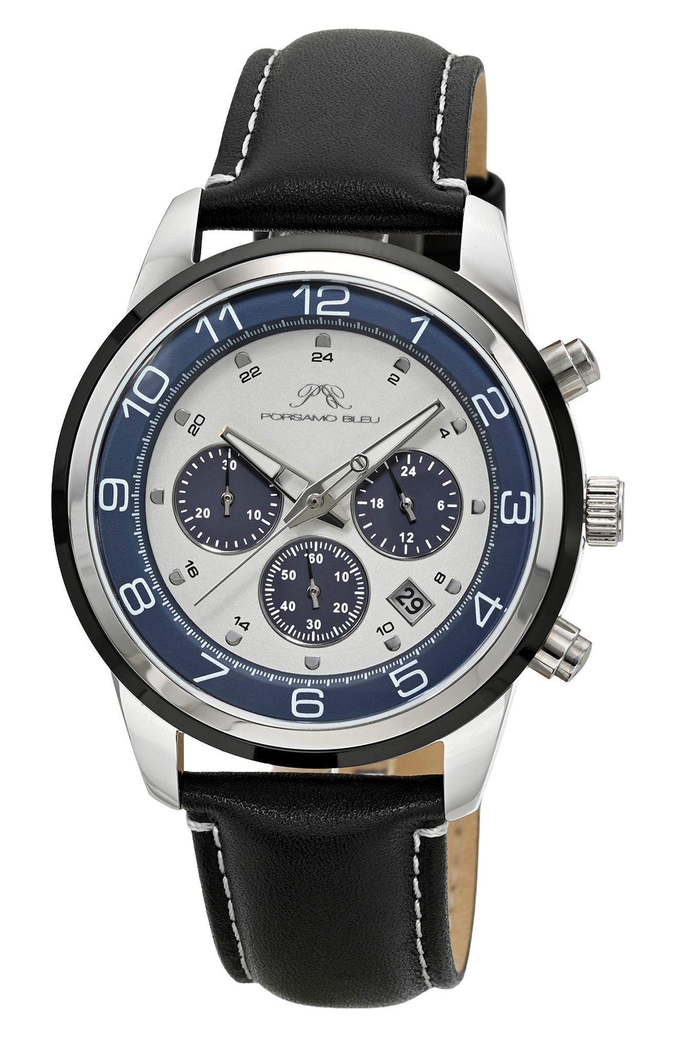 PORSAMO BLEU Arthur Chronograph Leather Strap Watch, 44mm
