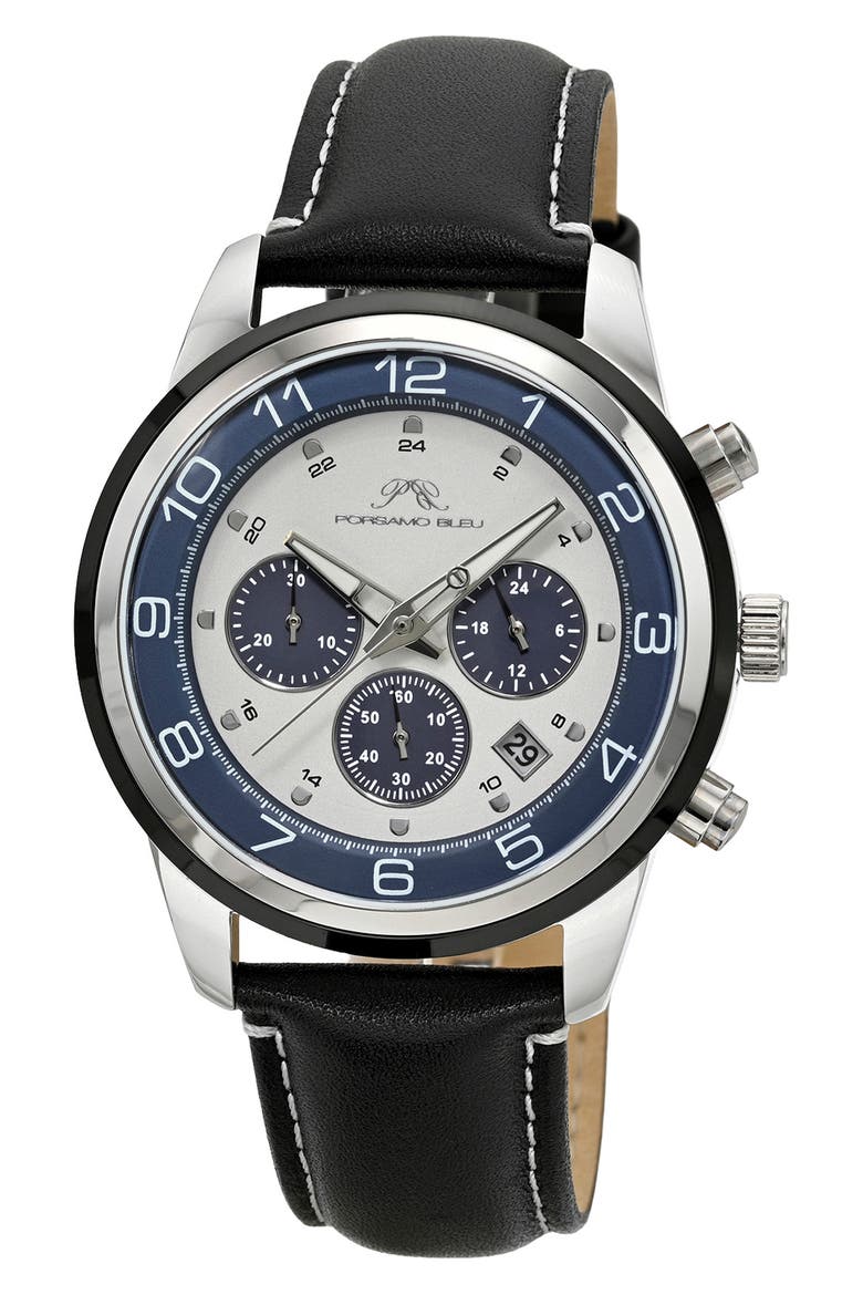 Arthur Chronograph Leather Strap Watch, 44mm, Main, color, SILVER