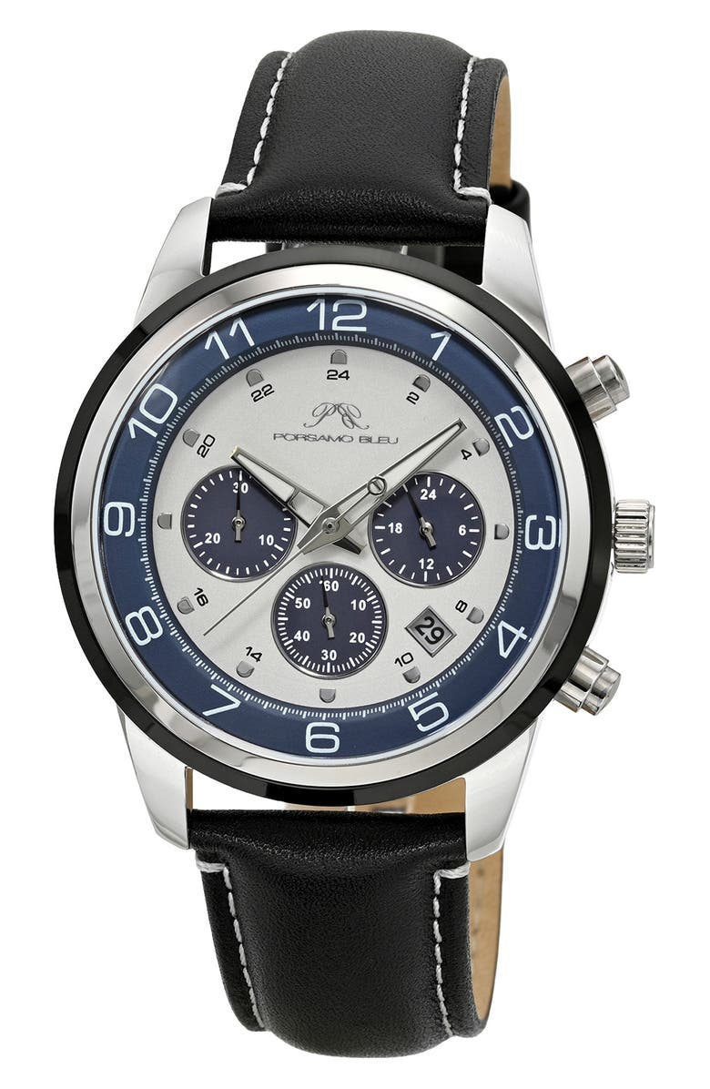 PORSAMO BLEU Arthur Chronograph Leather Strap Watch, 44mm, Main, color, Silver