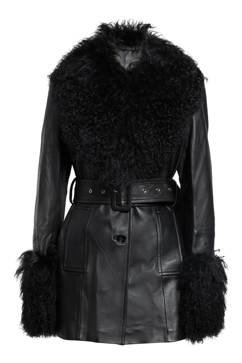 Mimmi Leather Jacket with Genuine Mongolian Shearling Trim, Alternate, color, BLACK