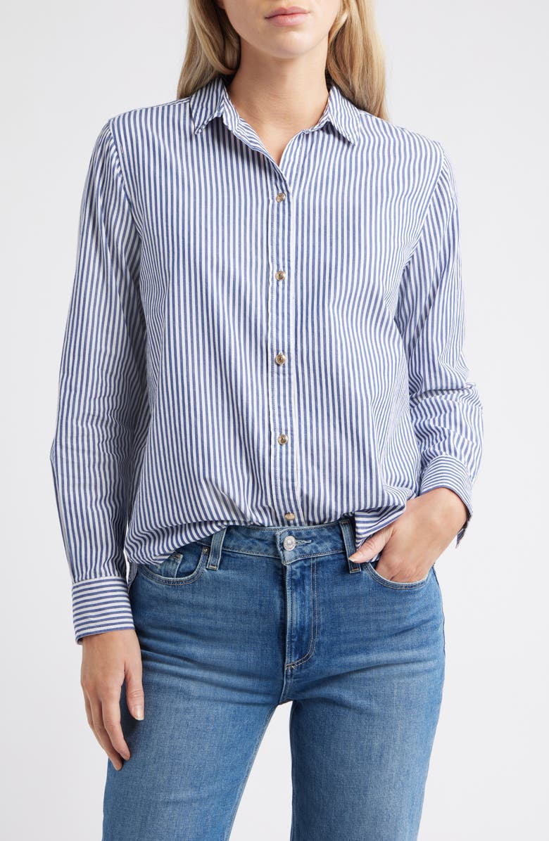 beachlunchlounge Bentley Stripe Long Sleeve Cotton Button-Up Shirt, Main, color, Santorini
