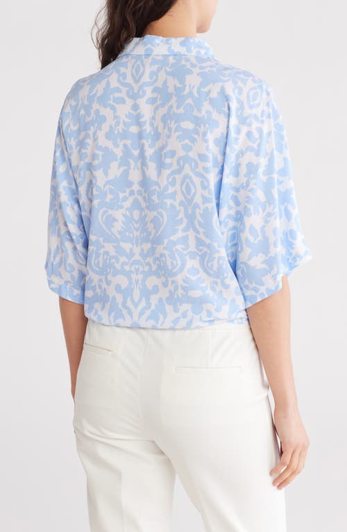 Ellen Tracy Dolman Sleeve Tie Hem Top In Baby Blue Damask