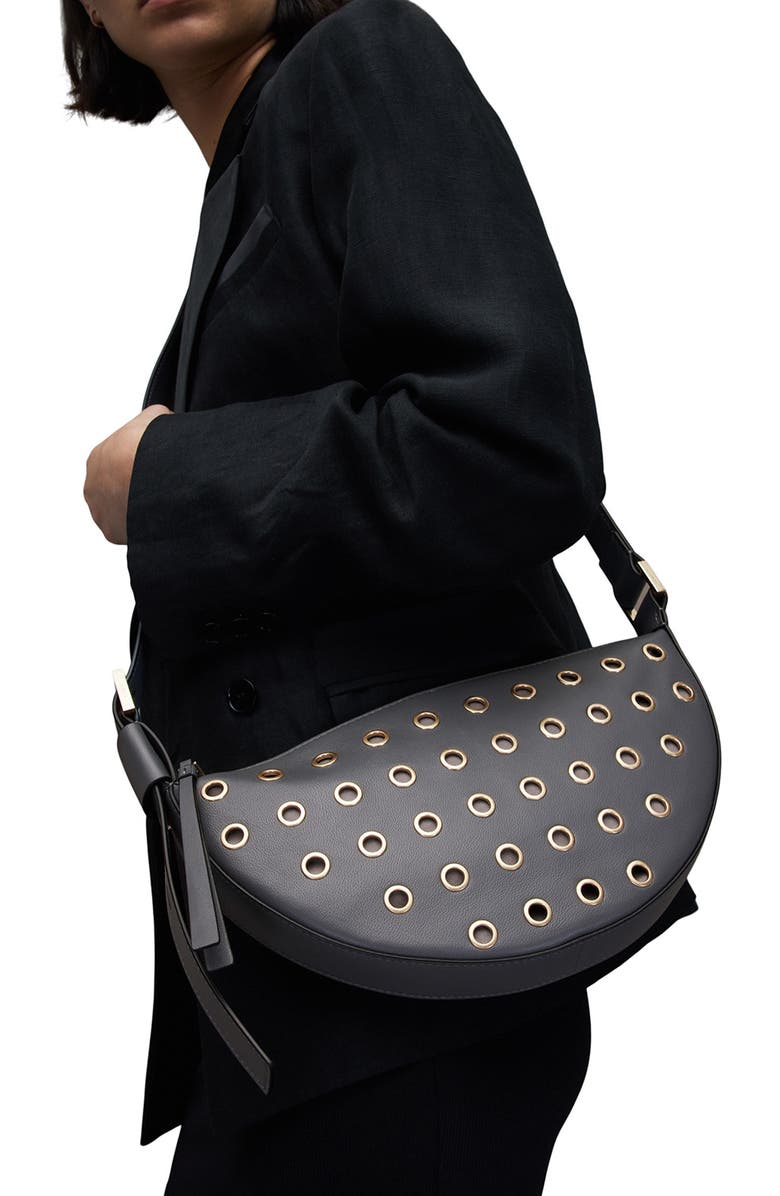 AllSaints Half Moon Grommet Crossbody Bag, Alternate, color,