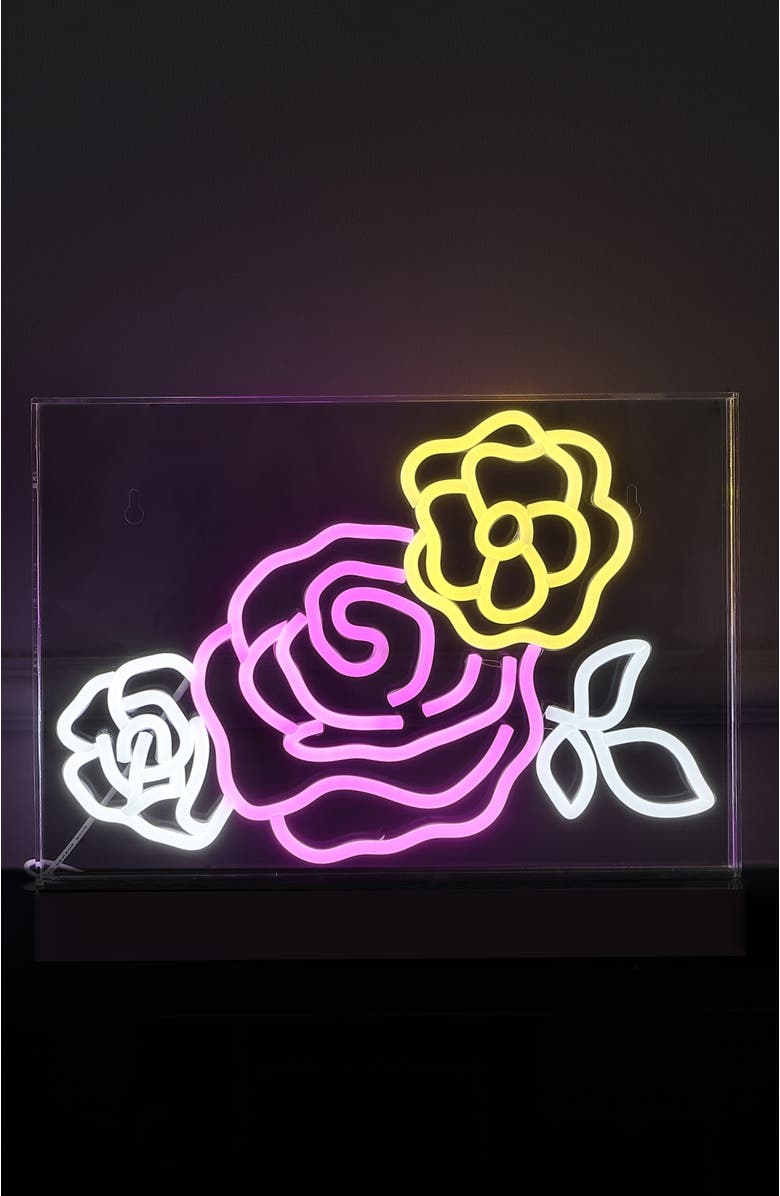 JONATHAN Y Crowd Of Roses 15" X 10.3" Contemporary Glam Acrylic Box USB Operated LED Neon Light, Pink/White/Yellow, Alternate, color, Pink/White/Yellow