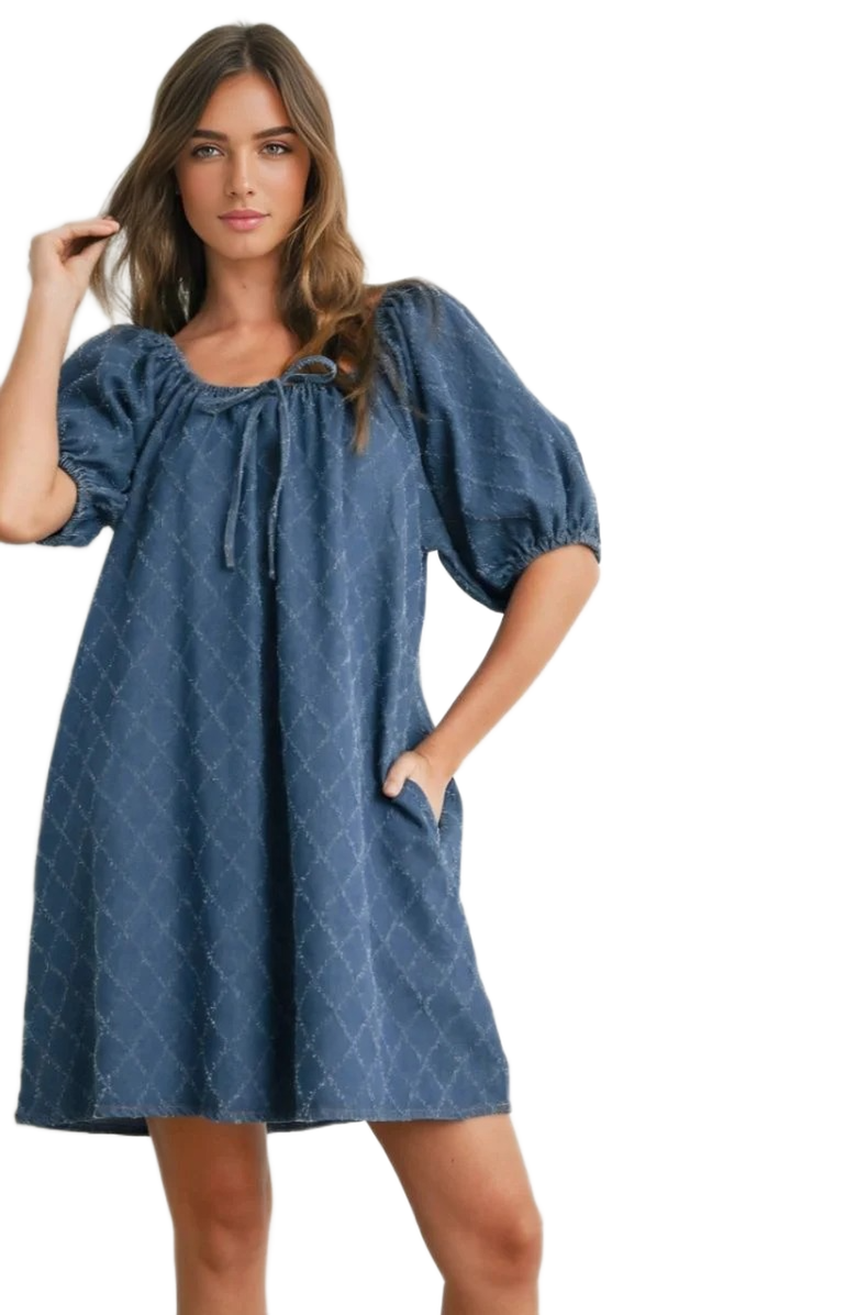 Knit and Lounge Puff Sleeve Tie Neckline Mini Dress, Alternate, color, Denim Blue