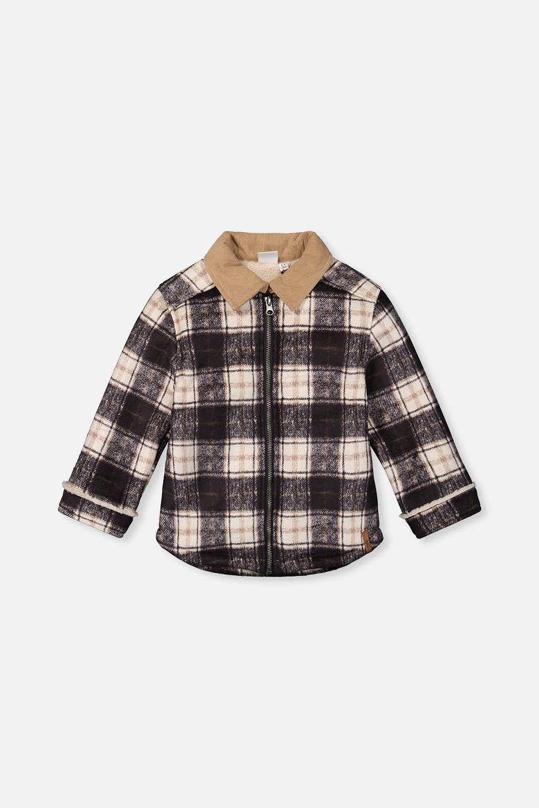 Brushed Plaid Zip Front Ribbed Collar Jacket, Main, color, Blue and Beige Checks