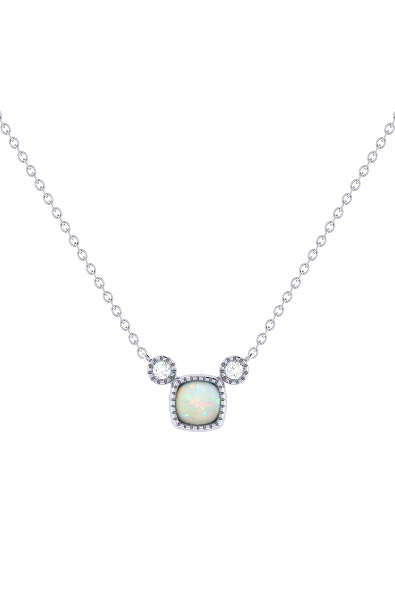 LuvMyJewelry La Vie Cushion Cut Opal & Diamond Pendant Necklace - 0.04ct.