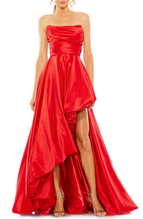 Asymmetrical High Low Strapless Ruched Gown