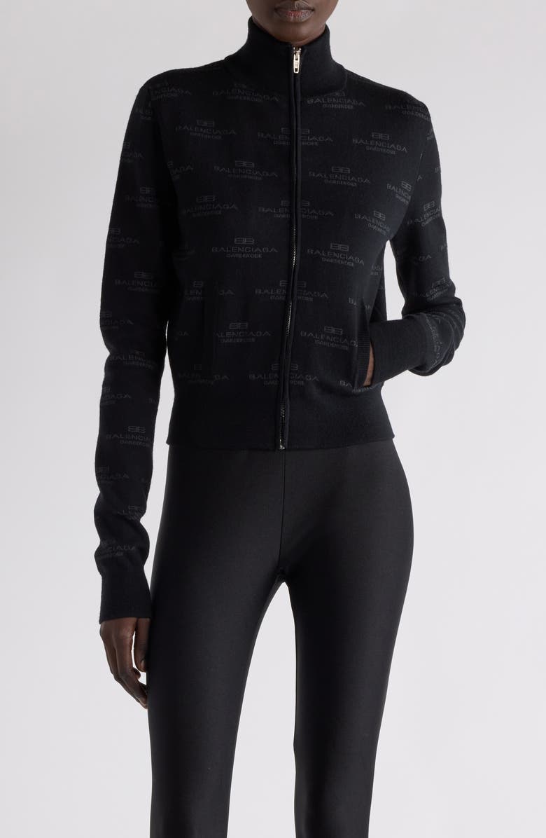 Balenciaga BB Monogram Wool & Cotton Blend Full Zip Sweater, Main, color, 1269 Black/Grey
