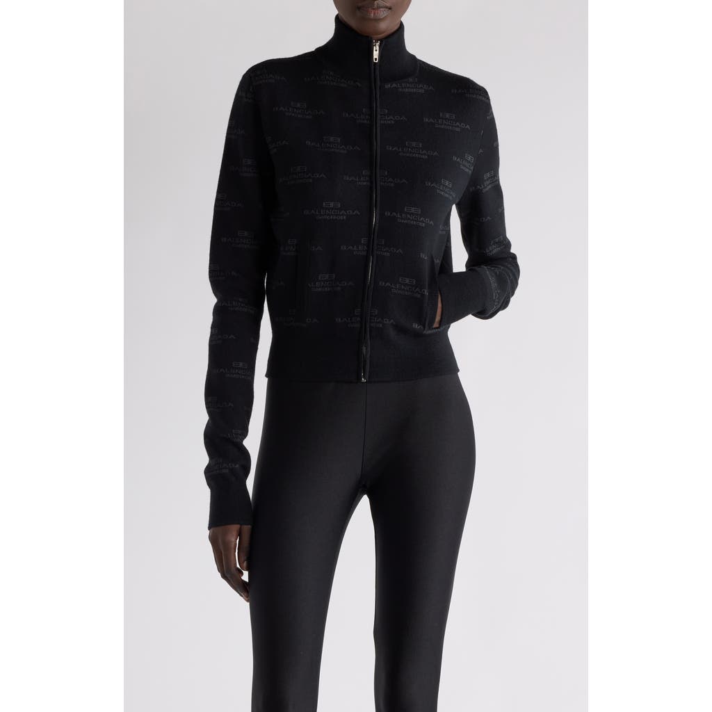 Balenciaga Bb Monogram Wool & Cotton Blend Full Zip Sweater In Black