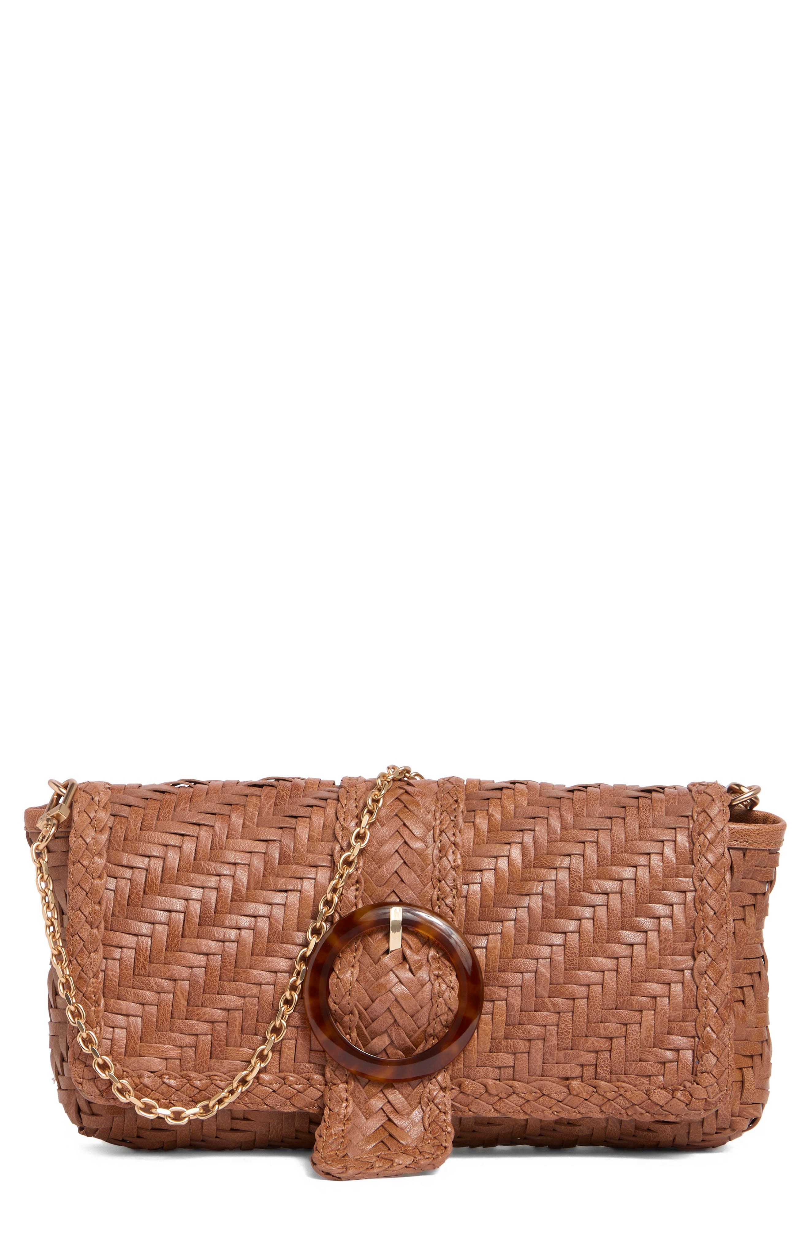 Bailee Woven Leather Clutch, Main, color, CARAMEL