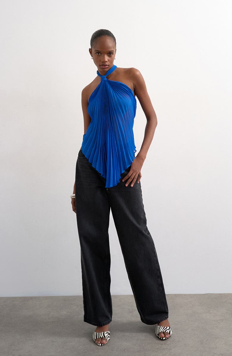 Topshop Pleated Knot Neck Halter Top, Alternate, color, Medium Blue
