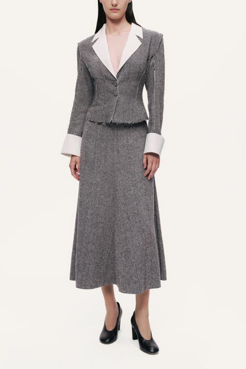 Herringbone Pattern Flared Midi Skirt