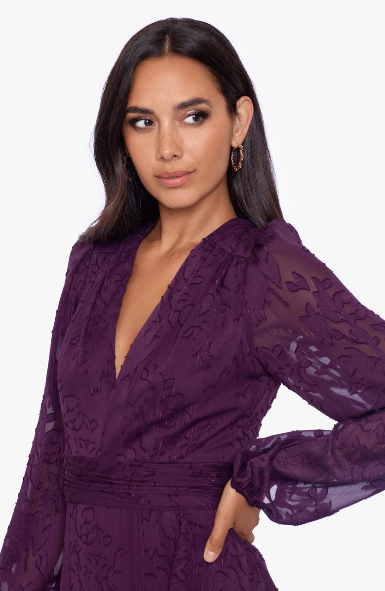 Xscape Evenings Floral Long Sleeve Metallic Chiffon Gown, Alternate, color, 