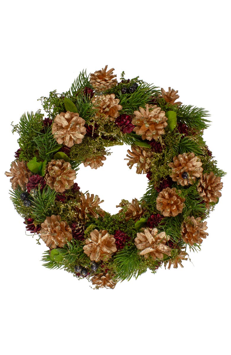 Northlight 12" Green, Gold, and Red Glitter Pinecones Christmas Wreath, Main, color, Gold