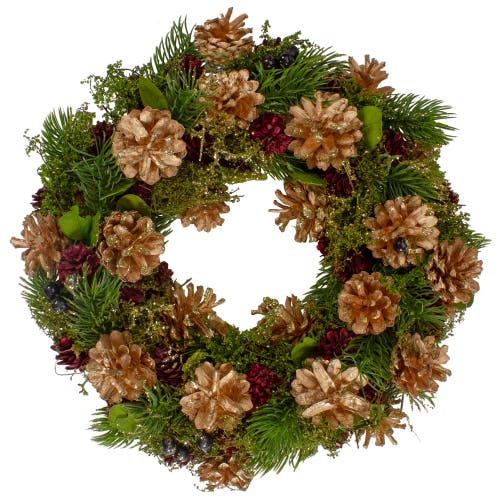 Northlight 12" Green, Gold, And Red Glitter Pinecones Christmas Wreath In Green