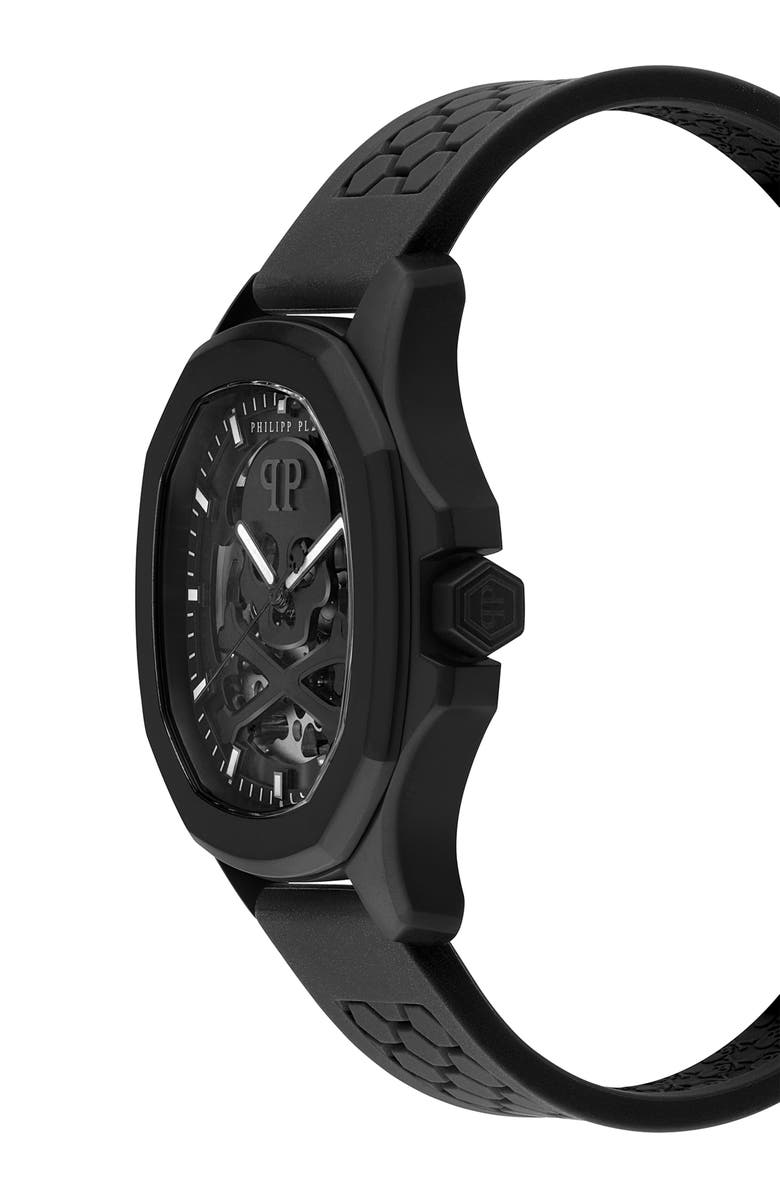 PHILIPP PLEIN Skeleton Spectre Silicone Strap Watch, 42mm, Alternate, color, Ip Black