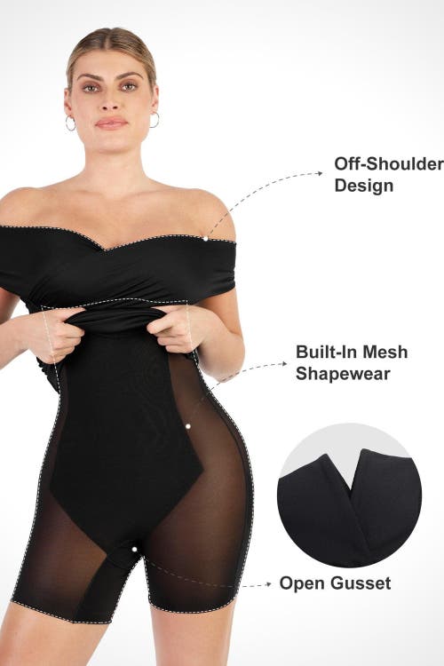 Popilush Shapewear Ruched Off-shoulder Sculpting Midi Dress In Midnight Black
